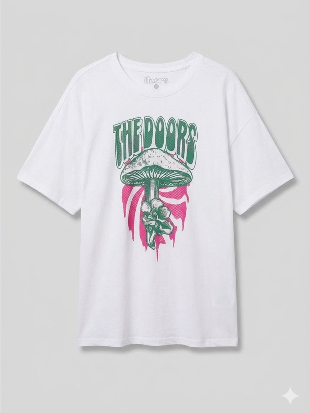 The Doors Unisex White Graphic Tee Green & Pink Mushroom Design in Size S